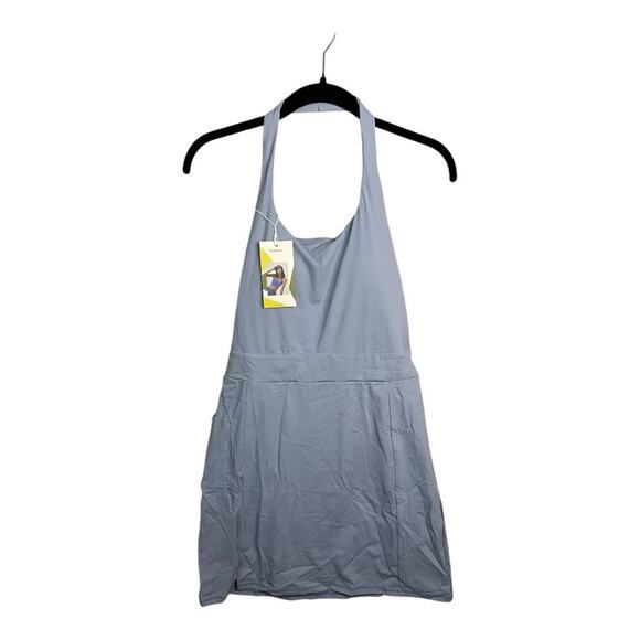 Halara Halter Backless Pocket Split Hem Mini Yoga Active Dress Light Baby Blue M - Picture 4 of 9